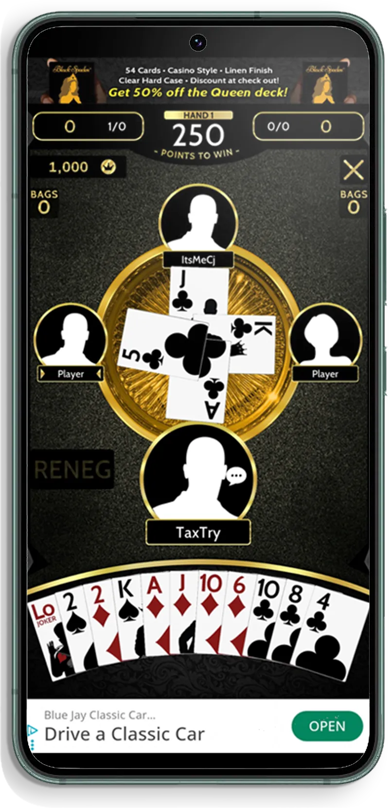 View of gameplay for Black Spades mobile app