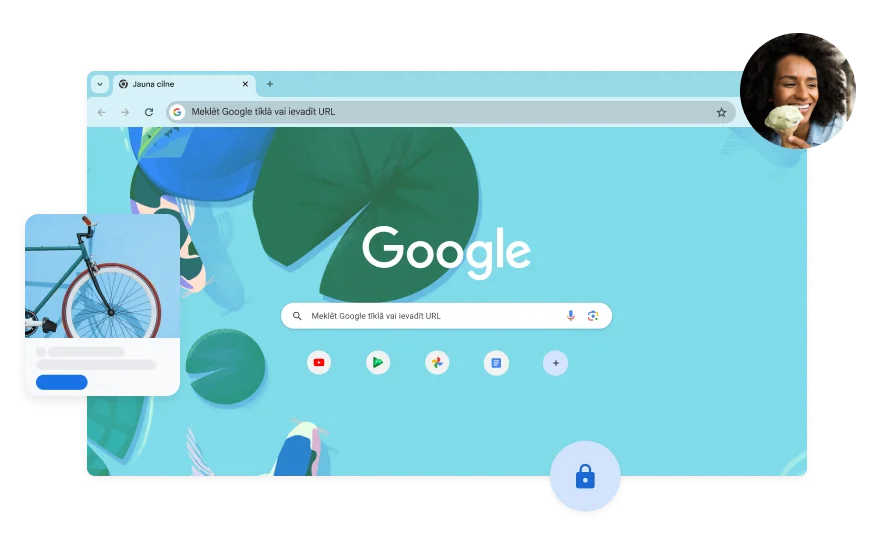 Google meklēšanas lapas fons, kurā redzama zila ilustrācija ar koi karpu dīķi. Stūrī redzams sievietes fotoattēls.