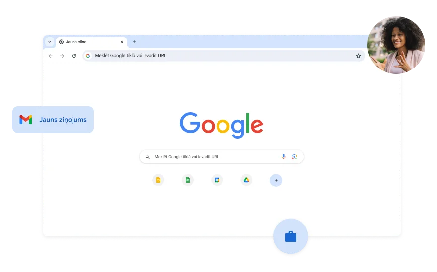 Google meklēšanas lapas fons baltā krāsā. Stūrī redzams sievietes fotoattēls.
