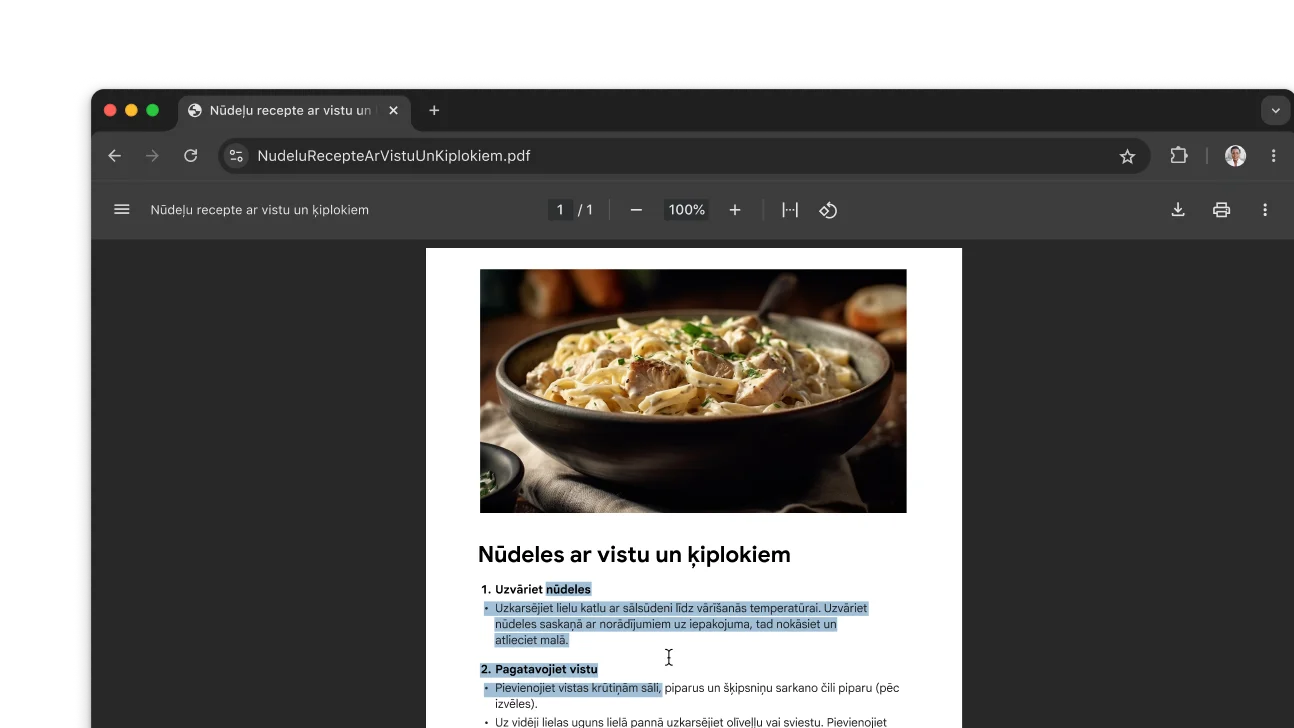 Chrome pārlūka logā ir redzams atvērts PDF fails ar recepti. PDF failā lietotājs ir atlasījis tekstu.