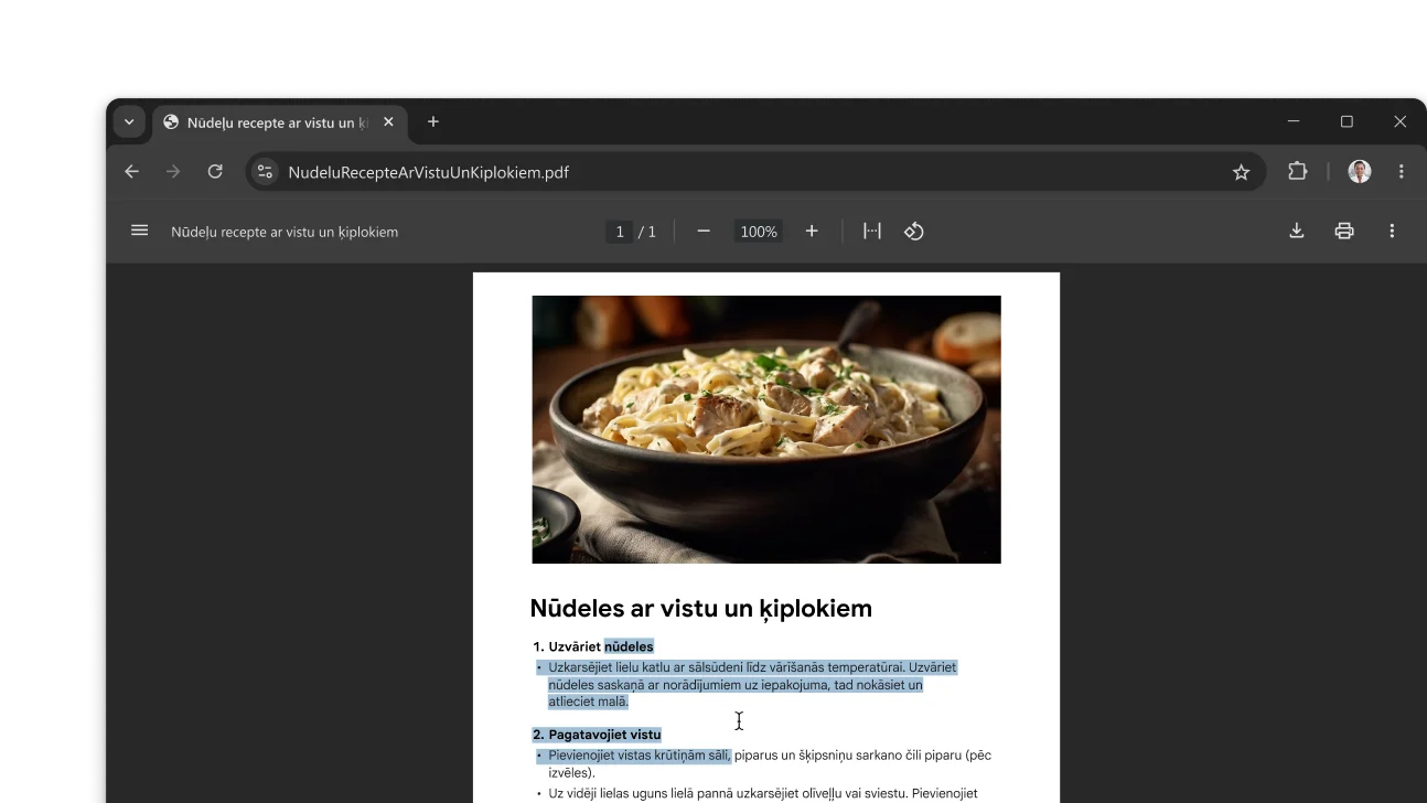 Chrome pārlūka logā ir redzams atvērts PDF fails ar recepti. PDF failā lietotājs ir atlasījis tekstu.