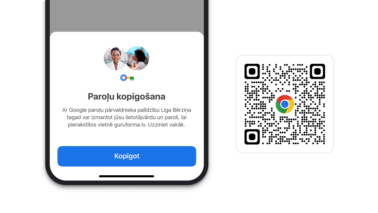 Pārlūkā Chrome pieejams modulis, kuru var izmantot paroļu kopīgošanai. Blakus modulim atrodas kvadrātkods, ko var izmantot pārlūka Chrome lejupielādei.