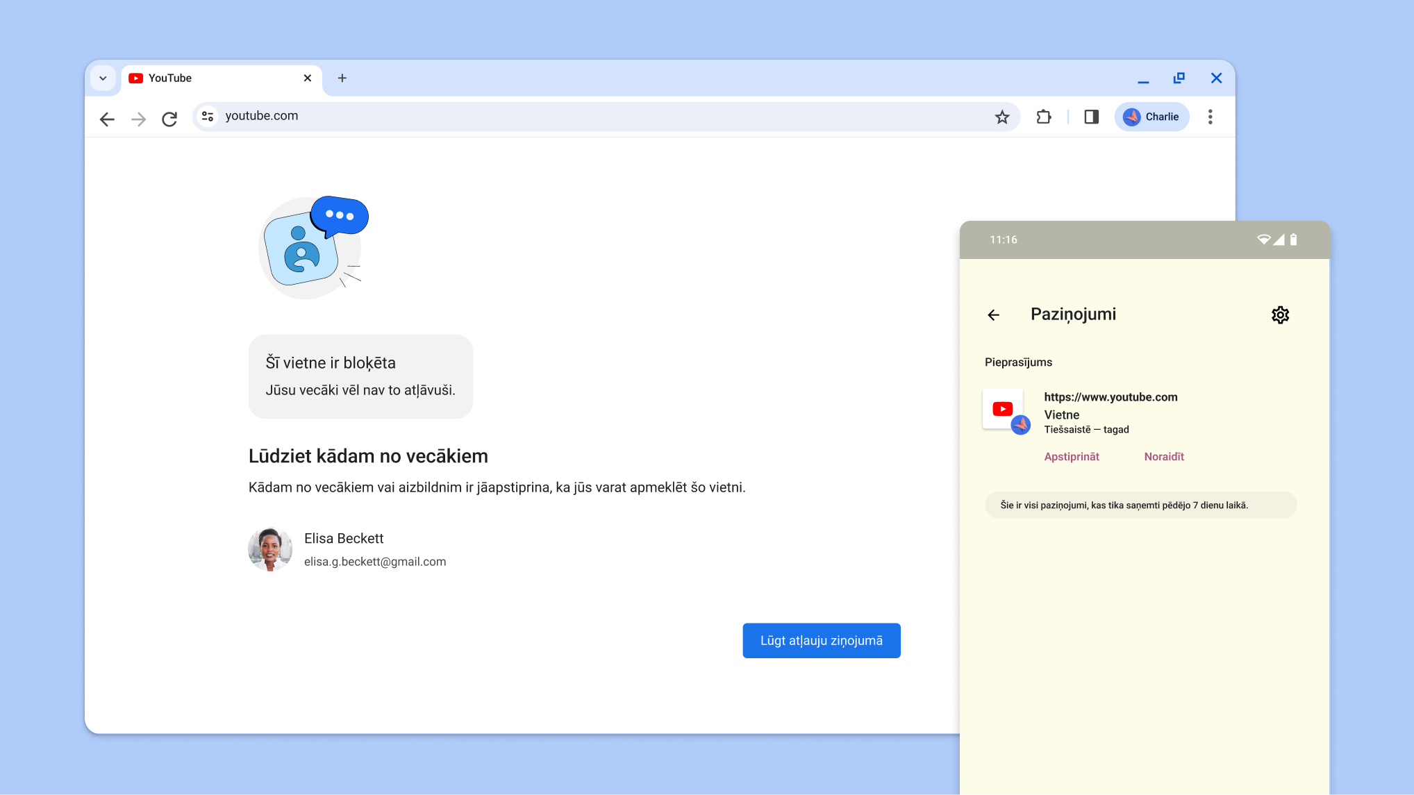 Vecāku kontroles bloķēta vietne un Family Link paziņojums piekļuves apstiprināšanai