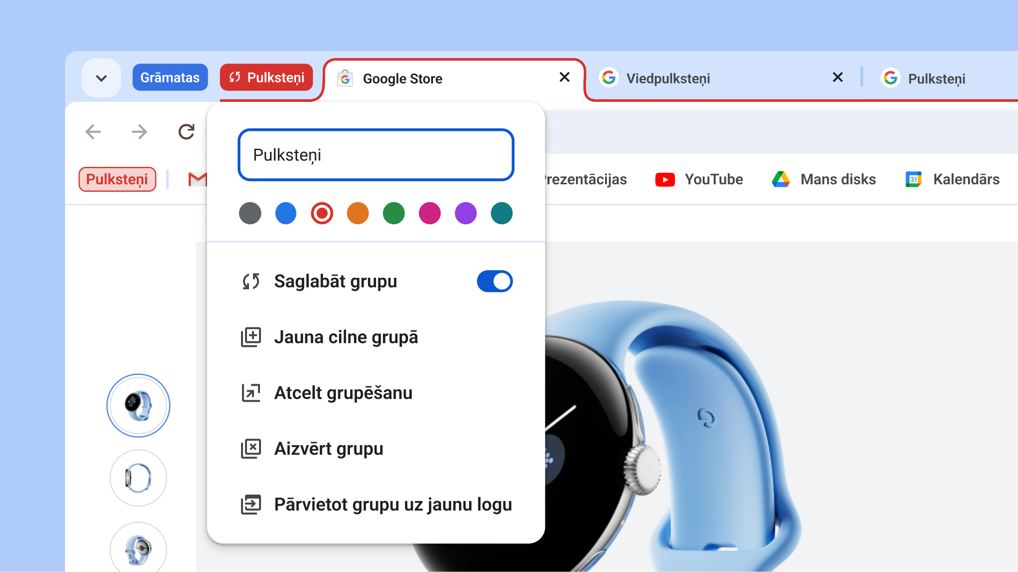 Atvērta ciļņu grupu izvēlne, kurā redzama jaunā grupas saglabāšanas un slēpšanas opcija
