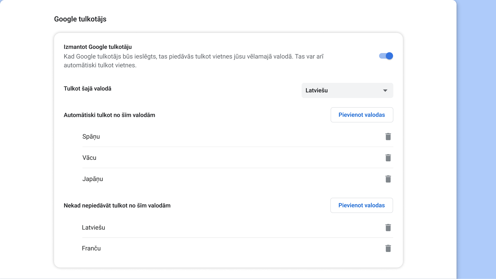 Google tulkotāja iestatījumu lapa pārlūkā Chrome