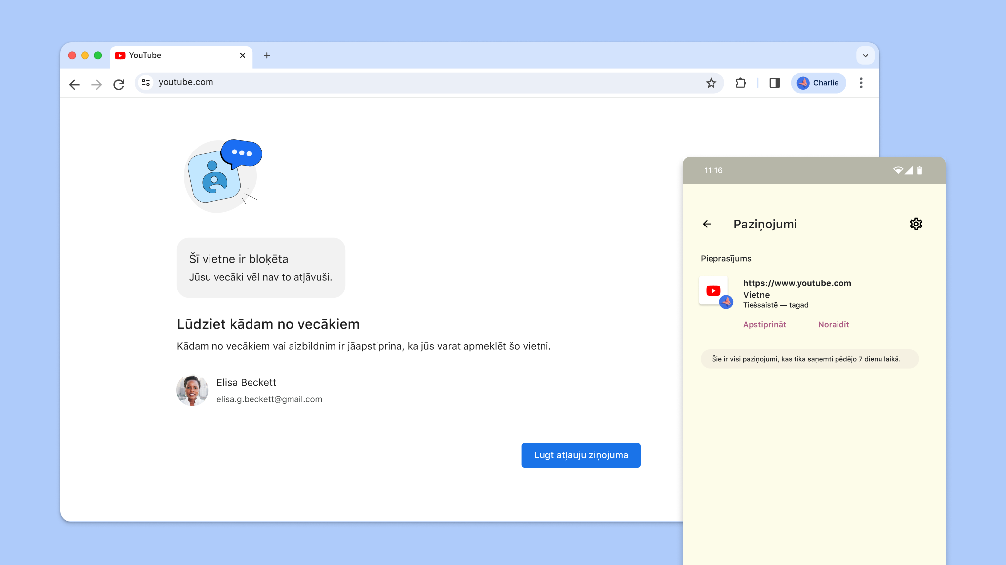 Vecāku kontroles bloķēta vietne un Family Link paziņojums piekļuves apstiprināšanai