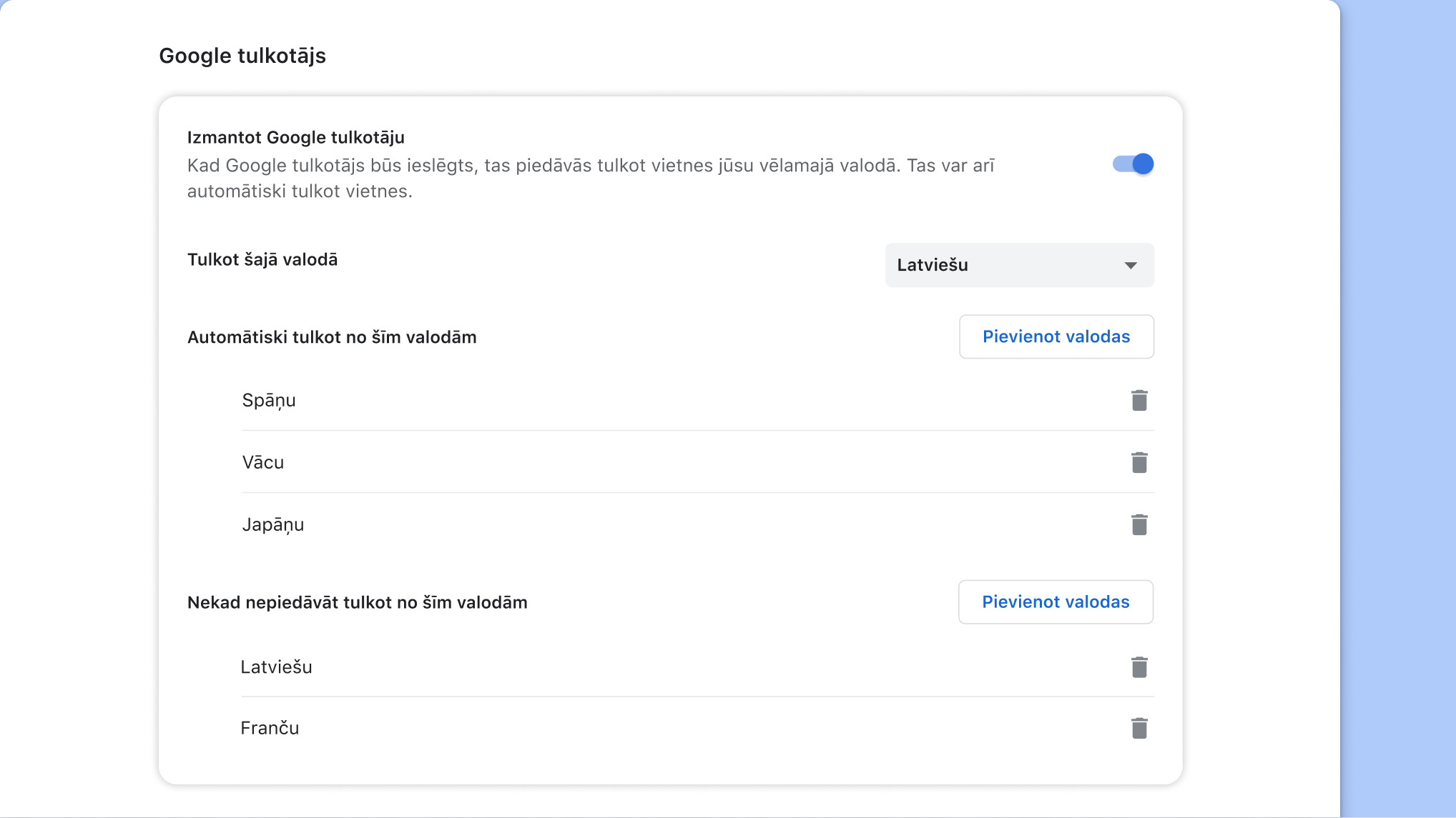 Google tulkotāja iestatījumu lapa pārlūkā Chrome
