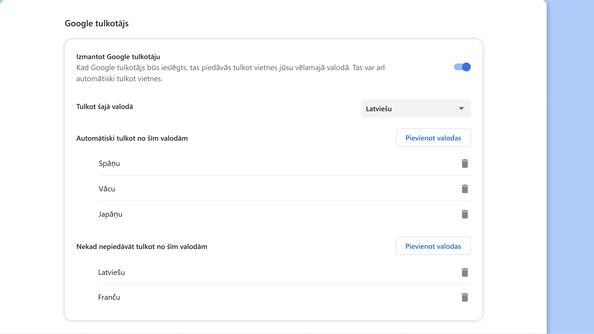 Google tulkotāja iestatījumu lapa pārlūkā Chrome