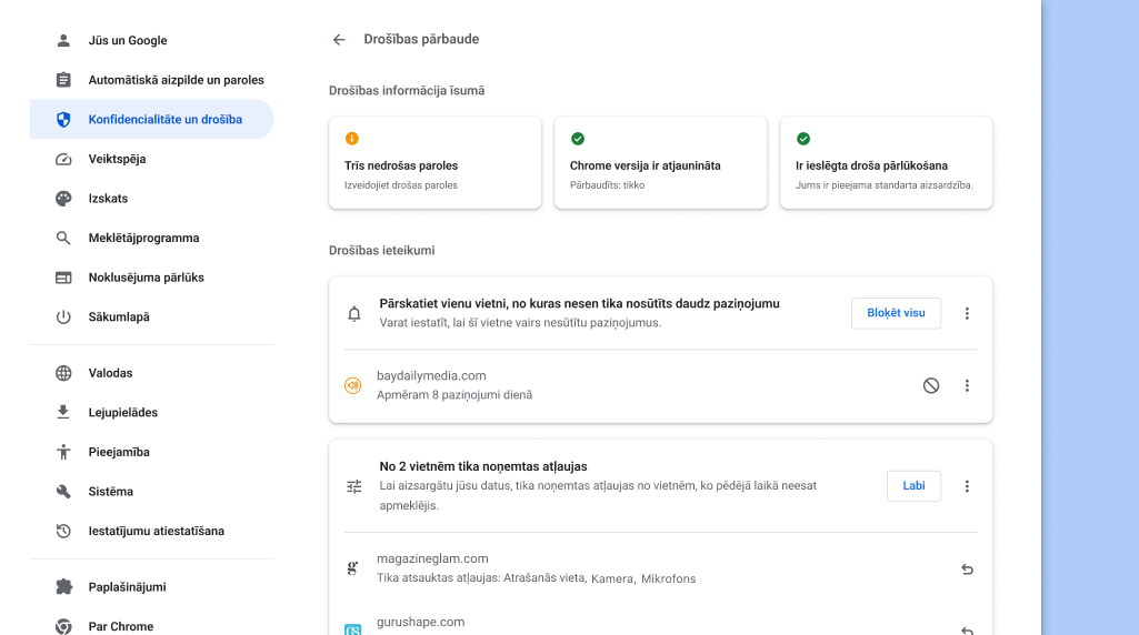 Chrome drošības pārbaude darbojas fonā, lai pārbaudītu konfidencialitātes un drošības problēmas, un pēc tam parāda jūsu drošības statusu un atbilstošus ieteikumus drošības uzlabošanai.