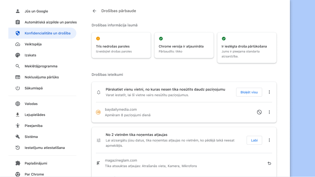 Chrome drošības pārbaude darbojas fonā, lai pārbaudītu konfidencialitātes un drošības problēmas, un pēc tam parāda jūsu drošības statusu un atbilstošus ieteikumus drošības uzlabošanai.