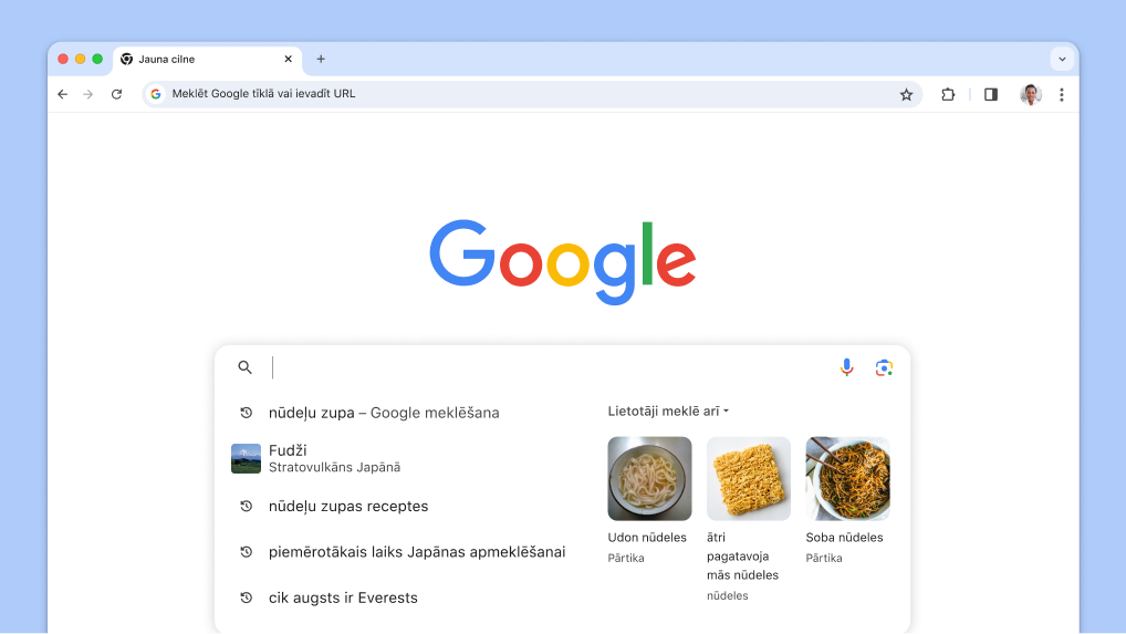 Kursors tiek parādīts meklēšanas lodziņā ar automātiski ielādētiem iepriekšējiem meklēšanas vaicājumiem un saistītām tēmām.