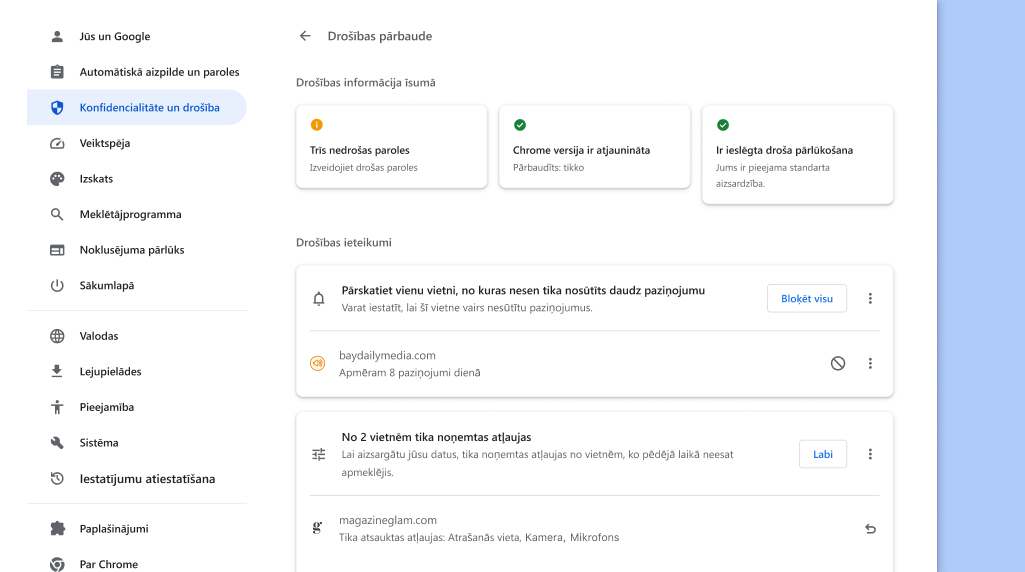 Chrome drošības pārbaude darbojas fonā, lai pārbaudītu konfidencialitātes un drošības problēmas, un pēc tam parāda jūsu drošības statusu un atbilstošus ieteikumus drošības uzlabošanai.