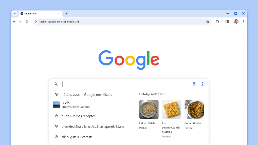 Kursors tiek parādīts meklēšanas lodziņā ar automātiski ielādētiem iepriekšējiem meklēšanas vaicājumiem un saistītām tēmām.