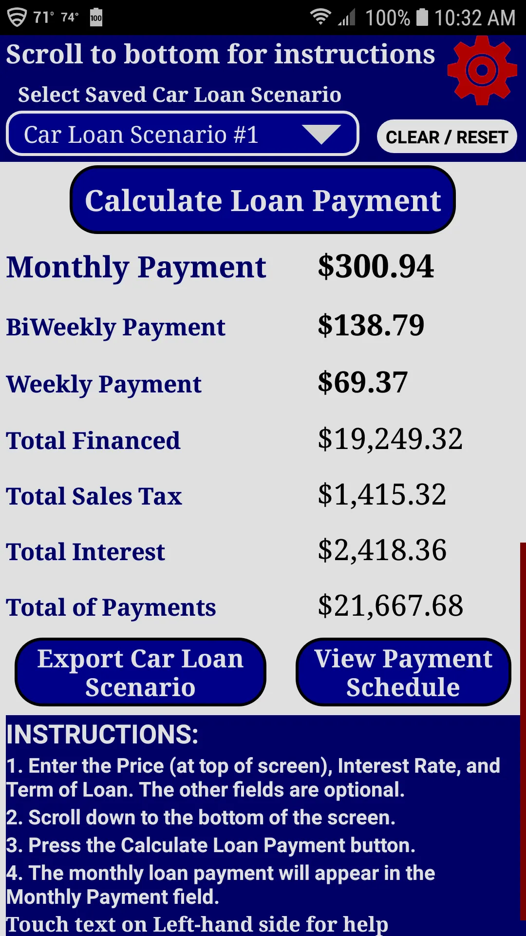 Screenshot from Starflower Solution's car loan payment calculator app